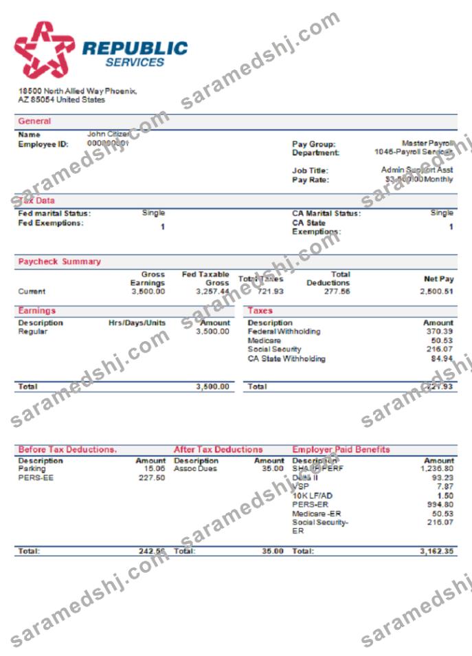 USA Republic Services waste management company pay stub